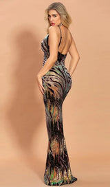 V-NECK EMBELLISHED SEQUIN BACKLESS MAXI DRESS