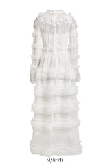 kimberley white Beaded Frill Round Neck Midi Dress