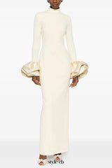 rachel white ruffled crystal-embellished crepe mock-neck gown
