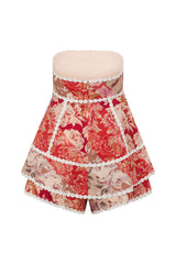 Linen lace-trim print strapless top shorts set - red
