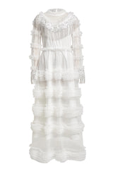 kimberley white Beaded Frill Round Neck Midi Dress