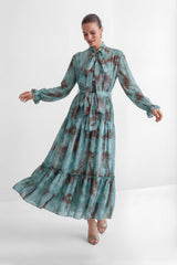 kristin Teal Printed Tiered Ruffle Maxi Dress - green