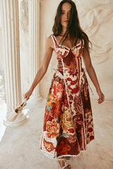 pandora Spaghetti strap lace linen patchwork midi dress
