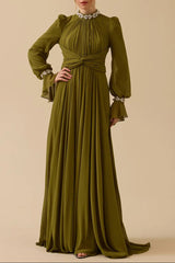 alyssa puff long sleeve pleated silk maxi dress in green