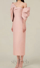 OFF SHOULDER RUCHED MIDI DRESS IN PINK