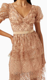 V NECK SEQUIN TIERED MIDI DRESS