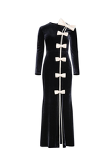 victoria Bow Cascade Velvet Maxi Dress in black