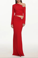 vicky metal flower Asymmetrical Long Sleeve Top skirt set - red