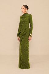 liz High Neck Asymmetric Drape ruched Maxi Dress in green