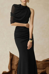 christine Off-shoulder pleated two-piece mermaid skirt in black