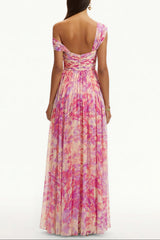 tiffany Floral Skew Collar Chiffon Maxi Dress - pink