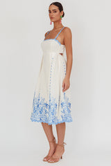 Blue Floral Print Back Tie-Up Midi Dress with Trim Band