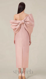OFF SHOULDER RUCHED MIDI DRESS IN PINK