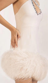 WHITE FEATHER-EMBELLISHED CREPE MINI DRESS