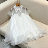 Blair Babydoll Sheer Pleated Tulle Dress with Lace Collar