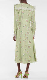 LIGHT GREEN V NECK FLORAL SILK MIDI DRESS