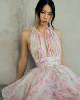 murray floral print halter backless mini dress - pink