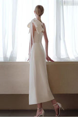 Estelle White Off Shoulder Satin Midi Dress with Bow