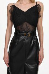 julia black V Neck Sleeveless Lace Faux Leather Midi Dress