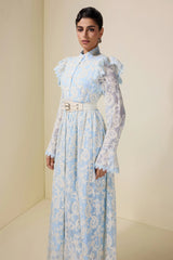 alma Chiffon Embroidered Single Breasted Midi Dress With Belt - blue