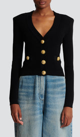 BLACK V NECK METAL BUTTON CROPPED KNIT CARDIGAN