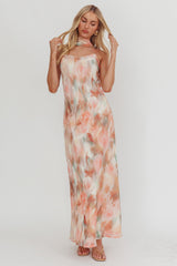 Floral print halter neck ribbon chiffon maxi dress - orange