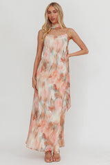 Floral print halter neck ribbon chiffon maxi dress - orange