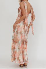 Floral print halter neck ribbon chiffon maxi dress - orange