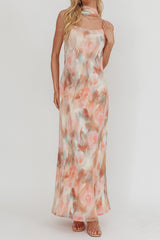 Floral print halter neck ribbon chiffon maxi dress - orange