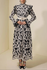 alma Chiffon Embroidered Single Breasted Midi Dress With Belt - black