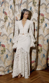 emily Lace Trimmed Puff Sleeved Top & Fishtail Skirt Set in white