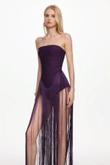helen Bodysuit Fringe Strapless mini Dress in purple