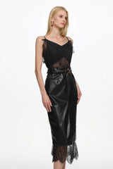 julia black V Neck Sleeveless Lace Faux Leather Midi Dress