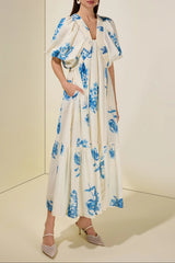 susie Print Smocking Puff Sleeve Midi Dress - blue