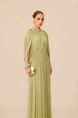 leona Green Draped Cape Sleeve Knit Maxi Dress