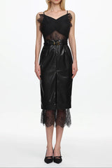 julia black V Neck Sleeveless Lace Faux Leather Midi Dress