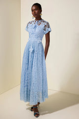 selena Lace Butterfly Pleated Midi Dress - blue