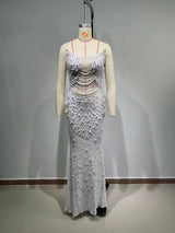 Iseult White Faux Pearl Mesh Maxi Gown