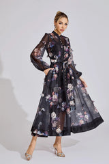 tiffany black floral Printed puff sleeve Maxi Dress