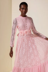 virginia Lace 3D Flower Rhinestone Rivets Midi Dress - pink