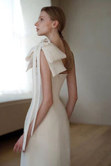 Estelle White Off Shoulder Satin Midi Dress with Bow