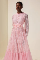 virginia Lace 3D Flower Rhinestone Rivets Midi Dress - pink