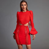 sandra red Long Sleeve Cut Out Lace Mini Dress