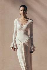 pamela V-neck lace see-through maxi dress in white