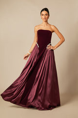samantha burgundy Pearls Embroidered strapless maxi Dress