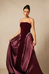 samantha burgundy Pearls Embroidered strapless maxi Dress