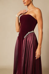 samantha burgundy Pearls Embroidered strapless maxi Dress