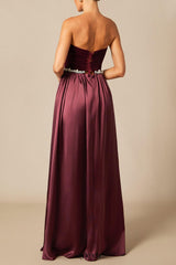 samantha burgundy Pearls Embroidered strapless maxi Dress