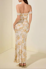 xaviera Mesh Floral Gathering Maxi Dress - yellow