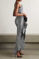 asymmetric ruffled sequined crepe gown in silver